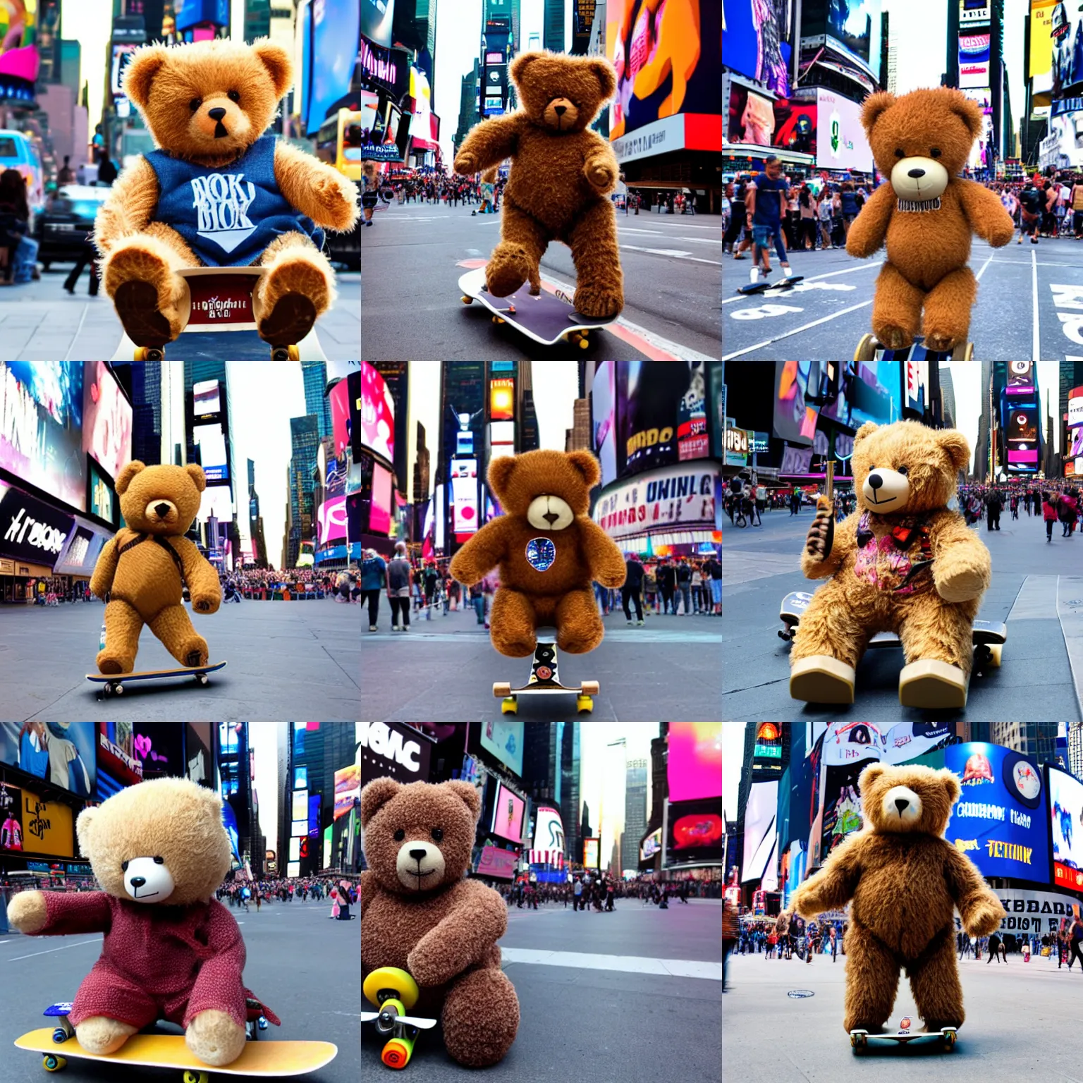 Prompt: teddybear riding a skateboard in Times Square