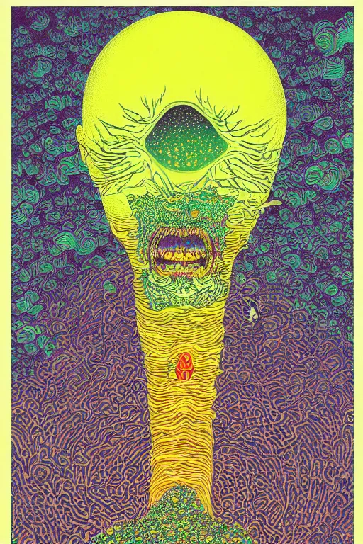 Prompt: a tab of LSD acid on his tongue and surreal psychedelic hallucinations, screenprint by kawase hasui, dali and dan hillier, colorful flat surreal design, hd, 8k, artstation