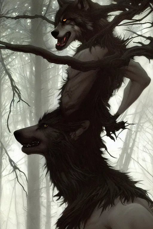 Image similar to full figure beautiful young fit antrophomorphic male wolf, bared teeth and long claws, dark scene, by greg rutkowski and alphonse mucha, d & d character, gradient black to silver, in a forest at night, highly detailed portrait, digital painting, artstation, concept art, smooth, sharp focus illustration, artstation hq