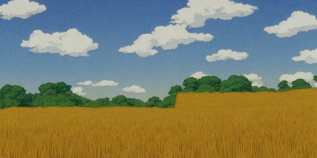 Image similar to an open wheat field, studio ghibli landscape