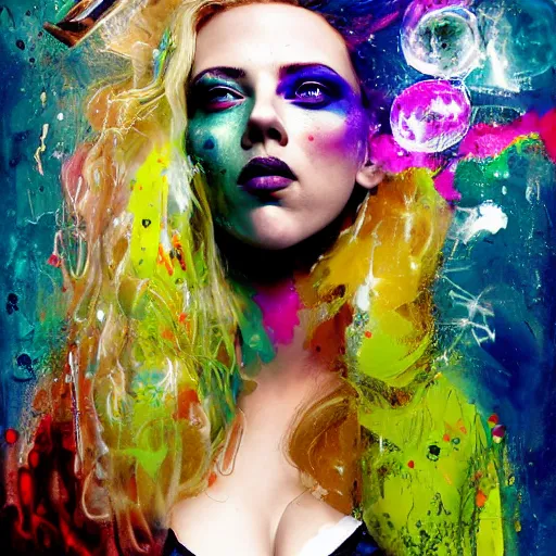 Image similar to drunken scarlett johansson as delirium from sandman, ( hallucinating colorful soap bubbles ), by jeremy mann, by sandra chevrier, by dave mckean and richard avedon and maciej kuciara, punk rock, tank girl, high detailed, one green eye and one blue eye, 8 k