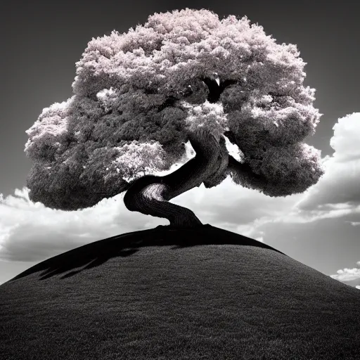 Prompt: infrared photography, strange shaped lone bonsai tree on a hill by david keochkerian and mike irwin, ir filter