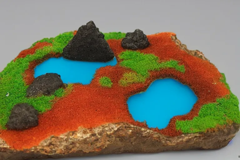 Image similar to miniature volcanic island made of candy, diorama picture, 5 5 mm, candy - island