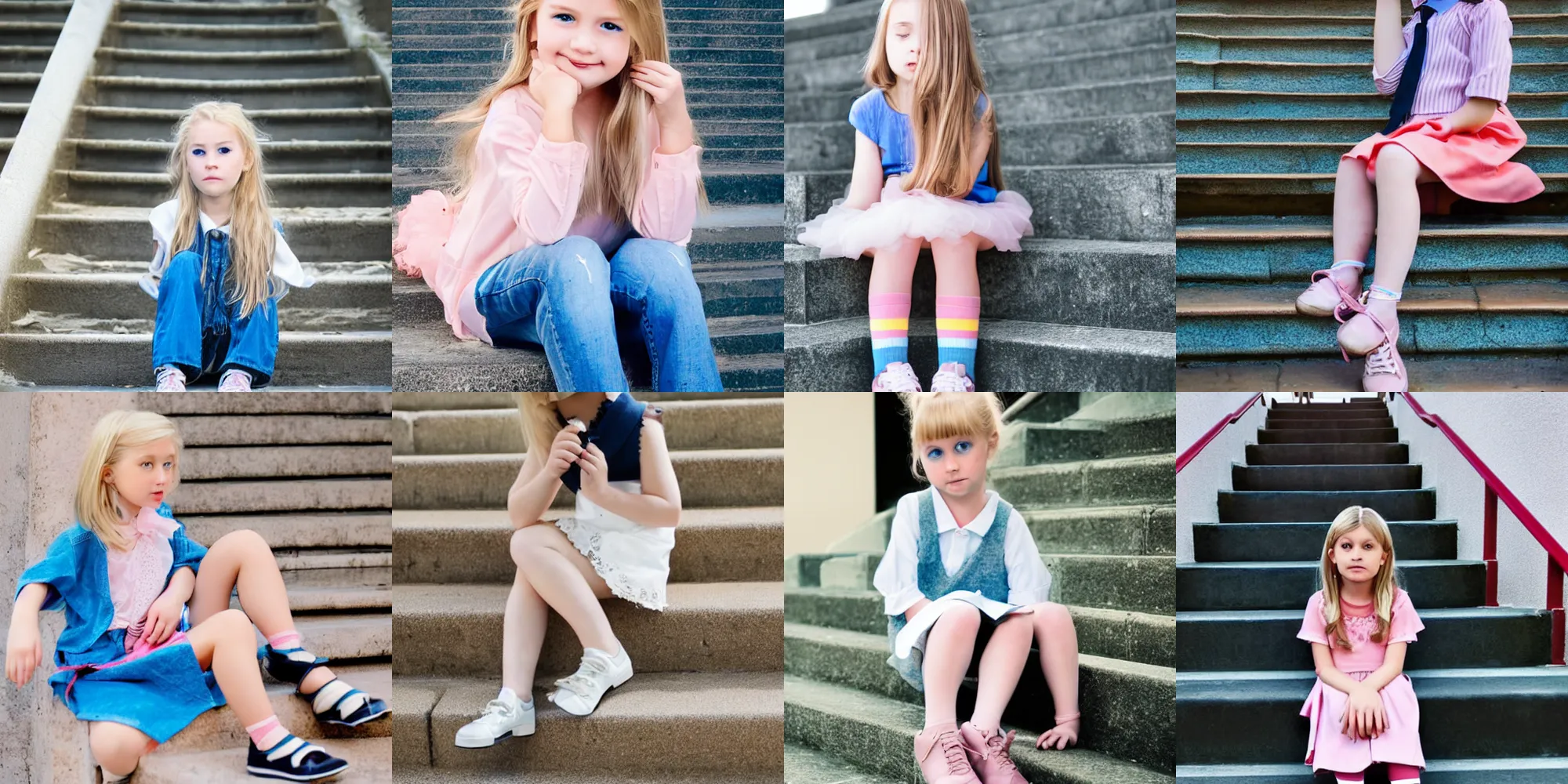 Prompt: 1 girl and blonde hair and blue eyes and blush and cloud and day and long hair and looking at viewer and rainbow and school uniform and shoe dangle and shoes and single shoe and sitting and sitting on stairs and sky and solo and stairs