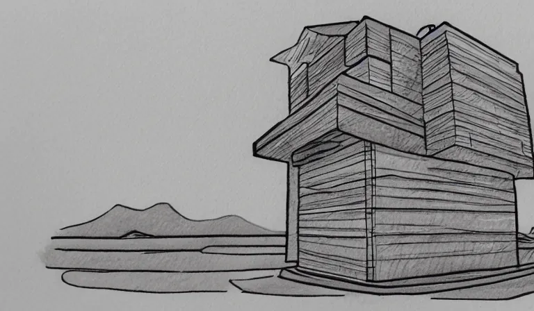 Prompt: A serene landscape with a singular building in the style of Inktober.