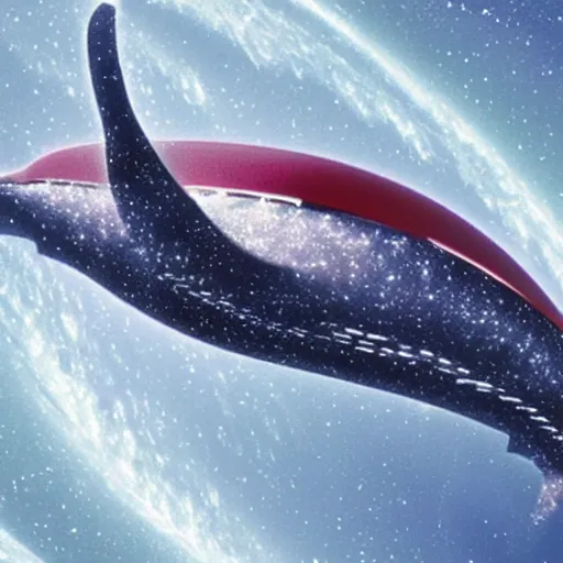 Prompt: whale spaceship flying near a red dwarf star