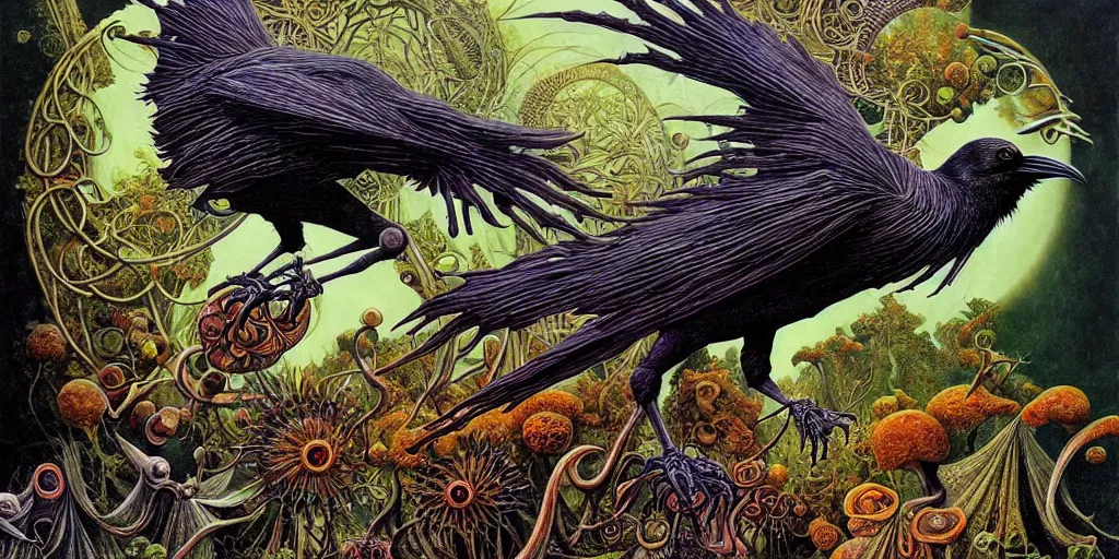 Image similar to artistic drawing of a crow, made of engrenage, surrealism by roger dean and andrew ferez, art forms of nature by ernst haeckel, divine chaos engine, symbolist, visionary, art nouveau, botanical fractal structures, organic, detailed, realistic, surreality