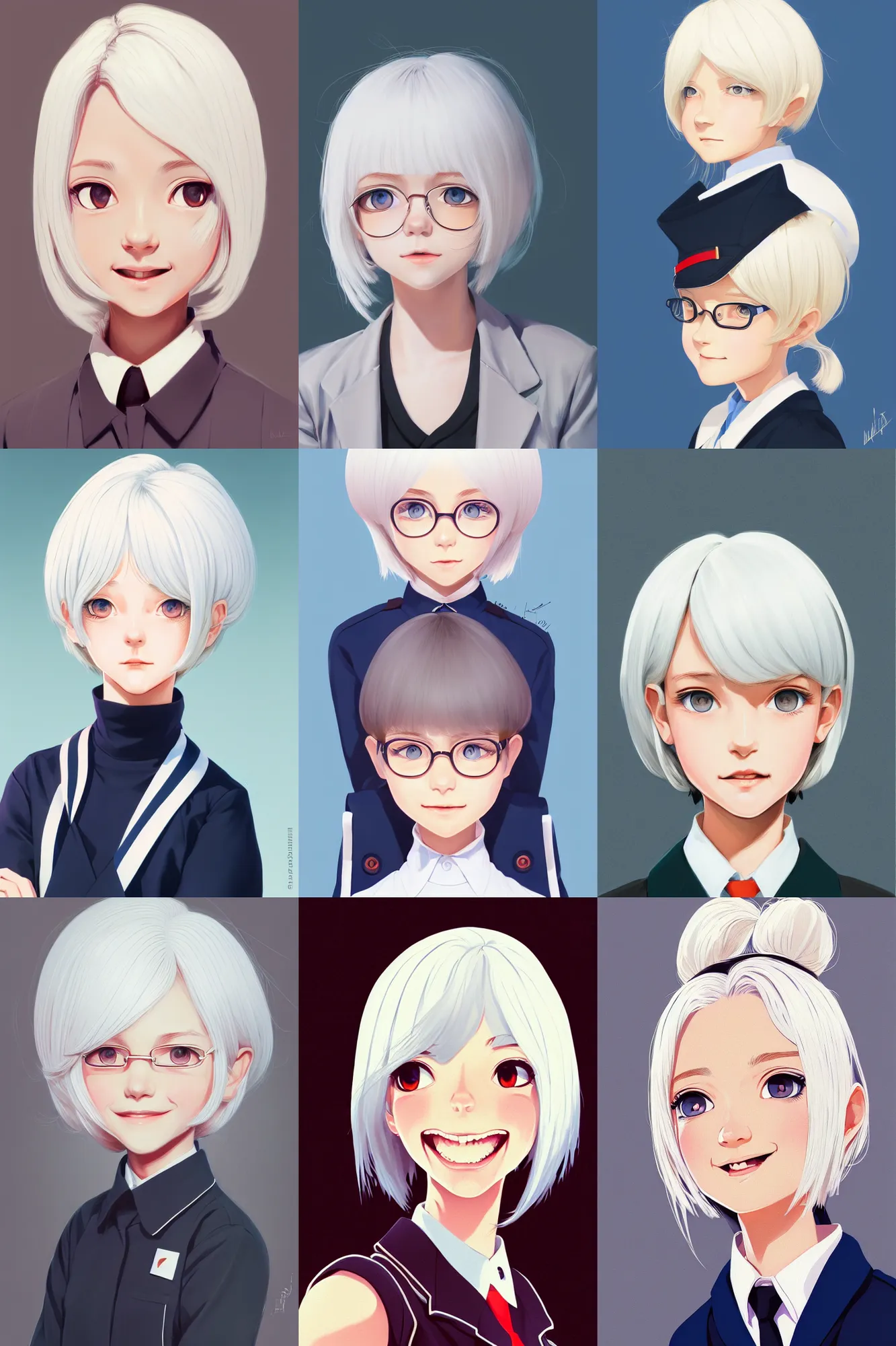 Image similar to a headshot of a very happy cute girl with shoulder - length white hair wearing school uniform, sharp focus, illustration, morandi color scheme, art station, high detailed, by ilya kuvshinov