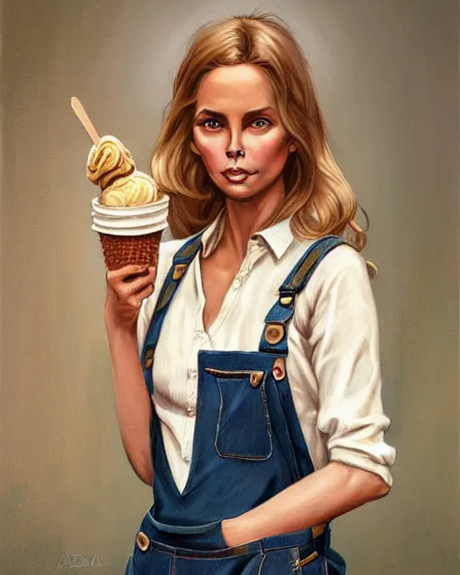 Image similar to portrait of a blonde barbara bach from the bond film wearing dungarees and eating ice creams in porto, real life skin, intricate, elegant, highly detailed, artstation, concept art, smooth, sharp focus, art by artgerm and greg rutkowski and alphonse mucha