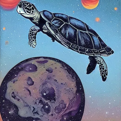 Image similar to galaxies!! turtle hovering below planet earth, gerald brom and andy warhol