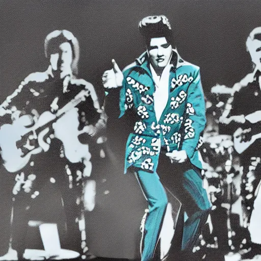 Image similar to black and white photograph of elvis dancing surrounded by teal aliens