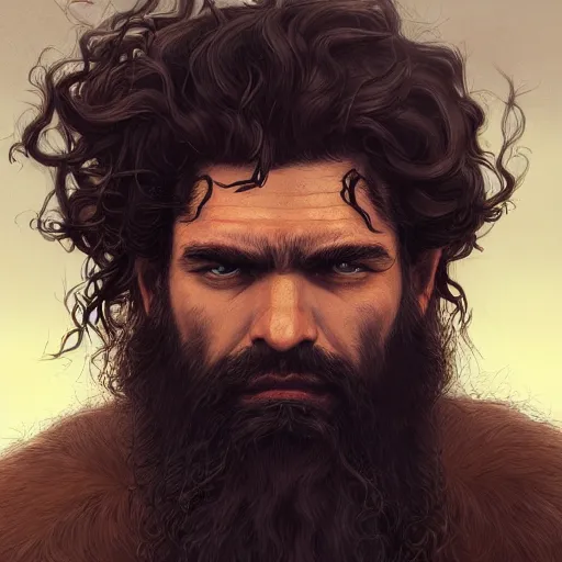 Prompt: close up portrait of a male barbarian, long curly hair, unkempt beard, brown skin, angry look, high fantasy, highly detailed, smooth, sharp focus, matte painting, by ilya kuvshinov katsuhiro