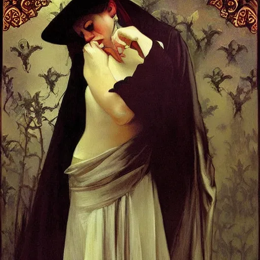 Prompt: A beautiful painting of a lady vampire, victorian, dracula, ominous, oil on canvas, photorealism, alphonse mucha, caravaggio, irwin penn, high definition, soft light