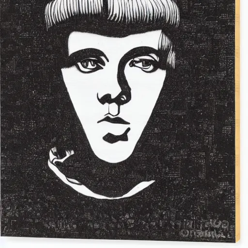 Image similar to Yung Lean, portrait, b&w, woodblock print, by Aubrey Beardsley