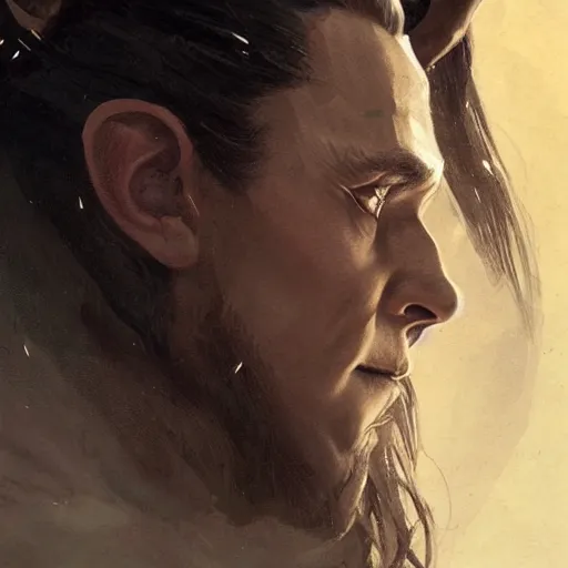 Image similar to a beautiful artwork side profile portrait of a loki with horns by greg rutkowski , featured on artstation, norse mythology, valhalla