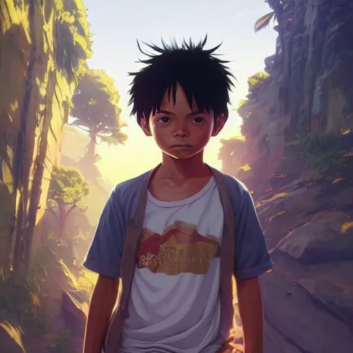 Image similar to highly detailed portrait kid luffy in gta v, stephen bliss, unreal engine, fantasy art by greg rutkowski, loish, rhads, ferdinand knab, makoto shinkai and lois van baarle, ilya kuvshinov, rossdraws, tom bagshaw, global illumination, radiant light, detailed and intricate environment