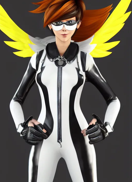 Image similar to portrait bust digital artwork of tracer overwatch, wearing white iridescent rainbow latex and leather straps catsuit outfit, 4 k, expressive happy smug expression, makeup, in style of mark arian, angel wings, wearing detailed black leather collar, chains, black leather harness, detailed face and eyes,