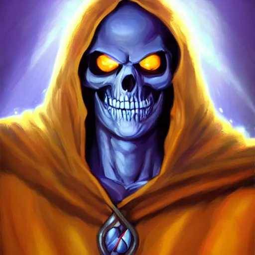 Prompt: portrait painting of skeletor, dnd beyond avatar portraits, beautiful, artistic, elegant, lens flare, magical, nature, realism, stylized, art by jeff easley and genndy tartakovsky