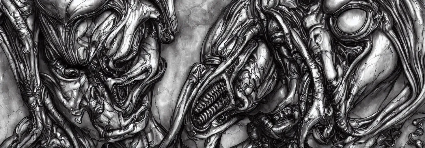 Prompt: engineer alien bood face by Artgerm, xenomorph alien, highly detailed, symmetrical long head, blood color, smooth marble surfaces, detailed ink illustration, raiden metal gear, cinematic smooth stone, deep aesthetic, concept art, post process, 4k, carved marble texture and silk cloth, latex skin, highly ornate intricate details, prometheus, evil, moody lighting, hr geiger, hayao miyazaki, indsutrial Steampunk