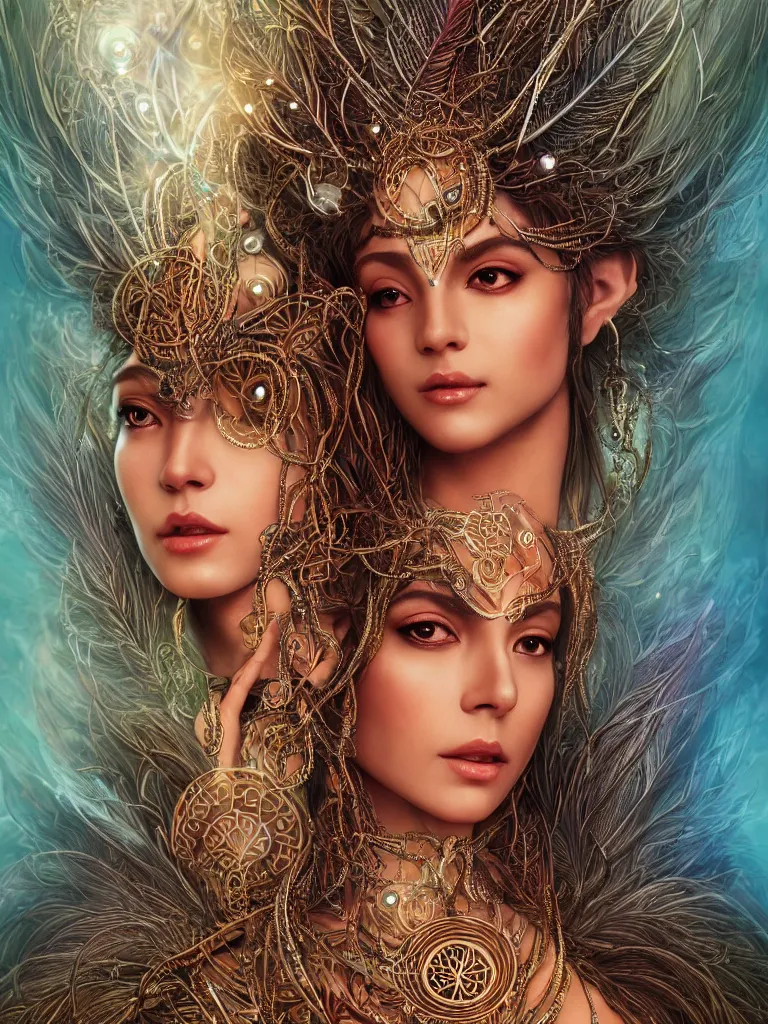 Prompt: a centered render of an alluring mystical tribal goddess adorned with feathers and gemstones and cables and synthesizer parts is surrounded by sacred geometry made from elven architecture, full body, gorgeous face, perfect face, powerful, cinematic, beautifully lit, by artgerm, by karol bak, 3 d, trending on artstation, octane render, 8 k