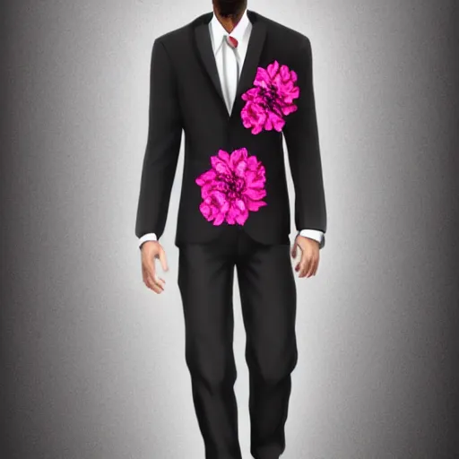 Prompt: A man wearing a black suit with patterned pink flowers, digital art, trend in artstation, photorealistic