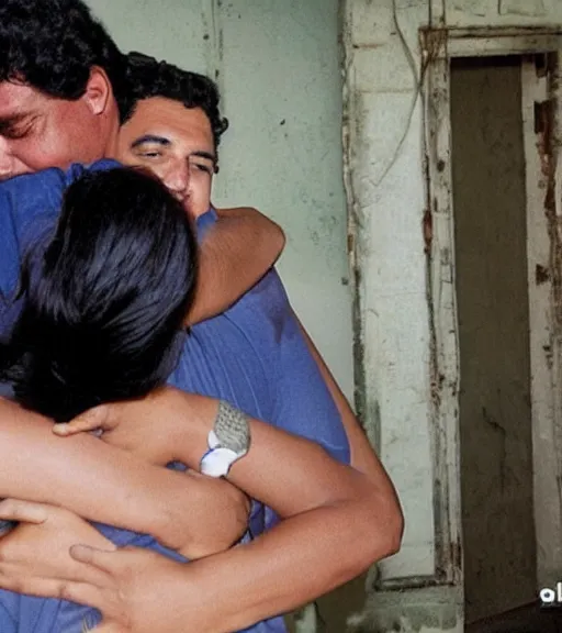 Prompt: Pablo Escobar hugging kim kardashian inside an abandoned house