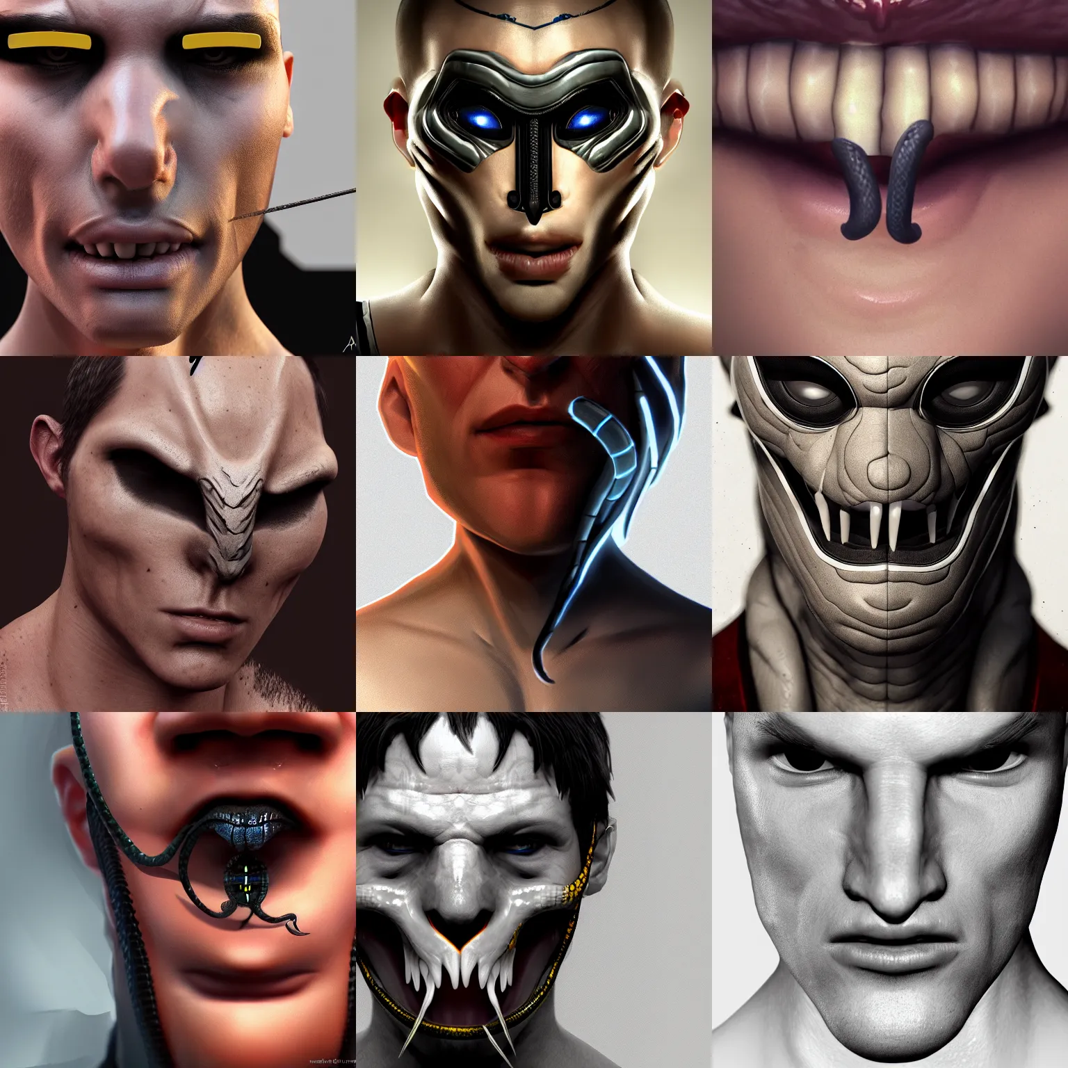 Prompt: human male with snake eyes and a long snake tongue, digital art, concept art, face close up, trending on artstation, very detailed, 8 k hd, 3 d