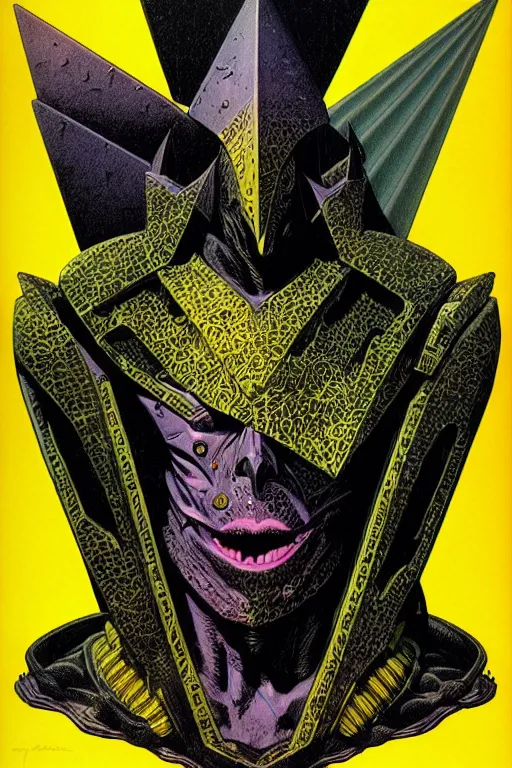 Image similar to portrait of black and yellow technicolor color print, richard corben, wayne barlowe, moebius, heavy metal comic cover art, psychedelic triangular lich in heavy shoulders armor, very intricate, thick outline, full body, symmetrical face, long black crown, in a shapes background, galactic dark colors