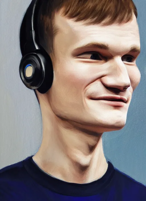 Image similar to vitalik buterin in headphones. vitalik buterin, medium shot, perfect symmetric face, coherent eyes, cute happy face, fine details., very sharp, 4 k, hans zatska, oil paint