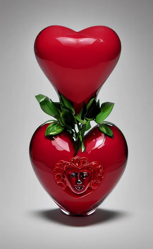 Image similar to a vase in the shape of a heart with red accents designed by versace, with some flowers