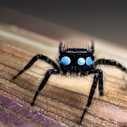 Prompt: a jumping spider using computer small keyboard, by pixar, macro lens, iridescent, montage