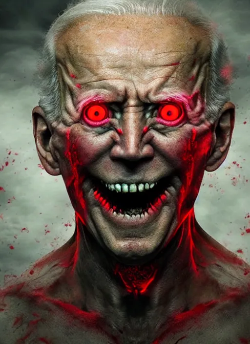 Image similar to hyper realistic ultra realistic horror terror dimensional photo furious glowing red eyes biden, high quality photo, detailed , 8k