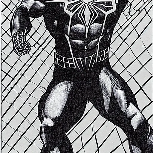 Image similar to dwayne johnson as spiderman in style of pen line drawing, very detailed