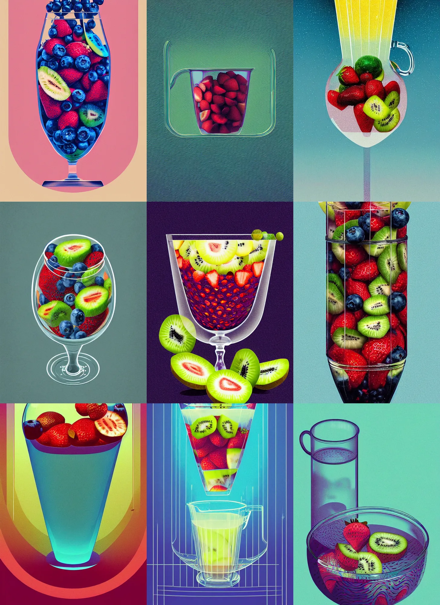 Prompt: ( ( dither ) ), editorial illustration strawberries blueberries sliced kiwi sliced lemon layered inside a clear glass pitcher portrait, isometric, fruit peels, modern art deco, ( ( mads berg ) ), christopher balaskas, victo ngai, rich grainy texture, detailed, dynamic composition, wide angle, matte print, art nouveau, unreal engine