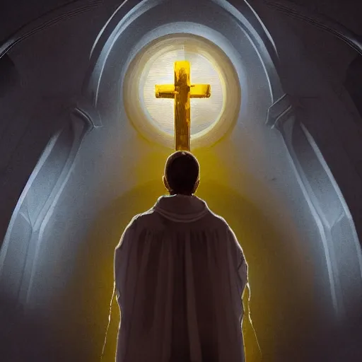 Prompt: An old catholic priest kneeled in fervent prayer. He is looking above him. His eyes are wide open with fear. Ominous dramatic yellow lighting. Overhead view, award-winning digital art, trending on ArtStation