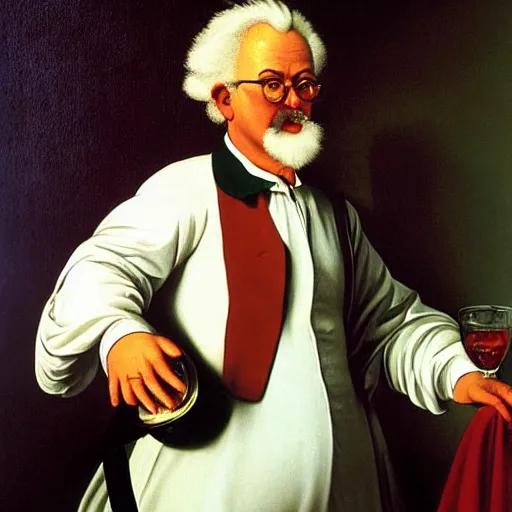 Prompt: Colonel Sanders holding a tankard, drunk. Painted by Caravaggio, high detail