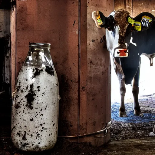 Prompt: dirty bottle of milk and a cow inside rusted slaughterhouse