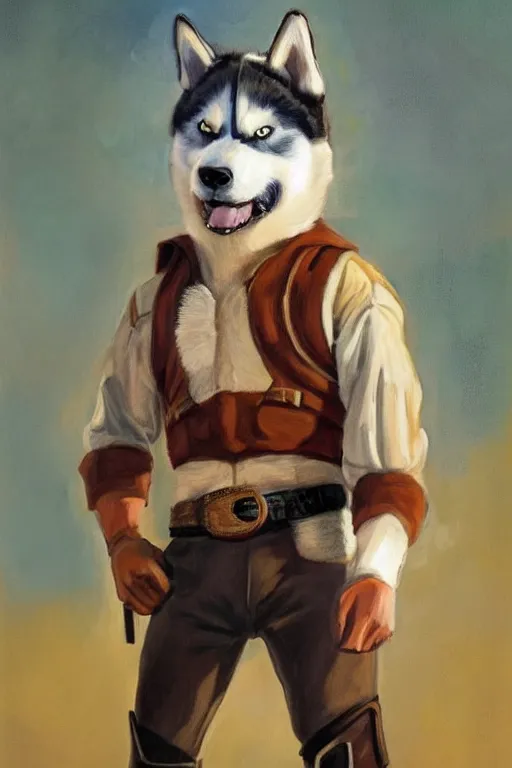 Prompt: a portrait painting of a husky in cowboy costume in the style of anime, a fistful of dollars, per un pugno di dollari, humanoid, personify, anthropomorphic, furry