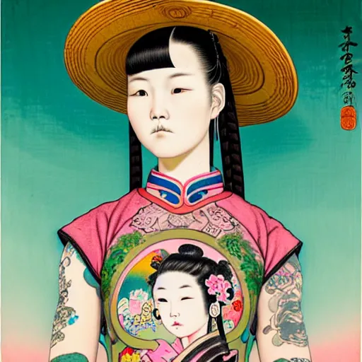 Image similar to full view of a girl from the qing dynasty with tattoos, wearing an american cowboy hat from the old west, style of yoshii chie and hikari shimoda and martine johanna, highly detailed