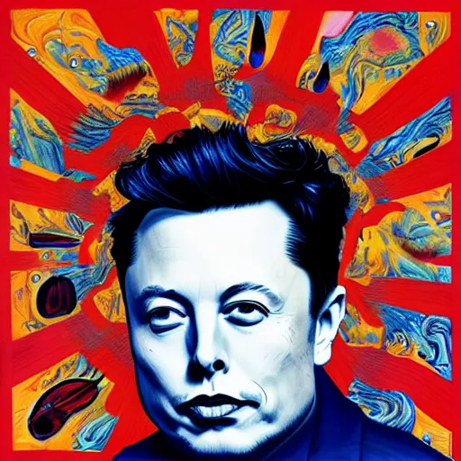 Image similar to surrealist portrait painting of elon musk's acid trip, album cover