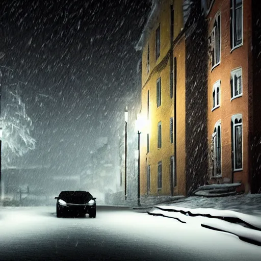 Prompt: snow dark rainy night, lights, swedish houses, cars driving on road, rain on screen, planes flying in sky, realistic, cinematic, raytracing, intense detail, artstation