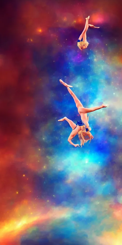 Image similar to painting of a short hair blond girl doing Aerial dance, blue cloth, cosmic, 8k, volumetric light, beautiful anime art style, stylised