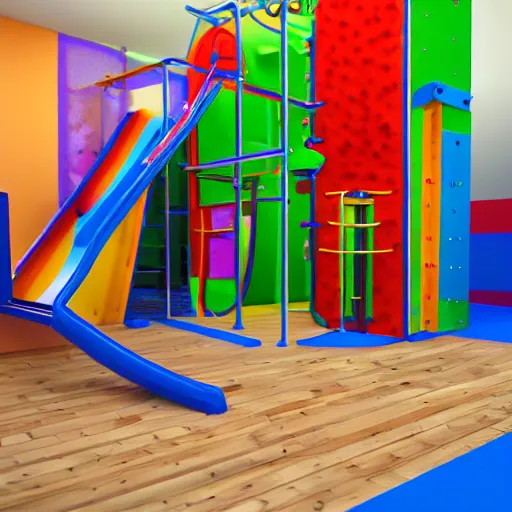 Image similar to an indoor play area with a slide and climbing wall, concept art by bourgeois, dribble, abstract expressionism, polycount, high definition, parallax