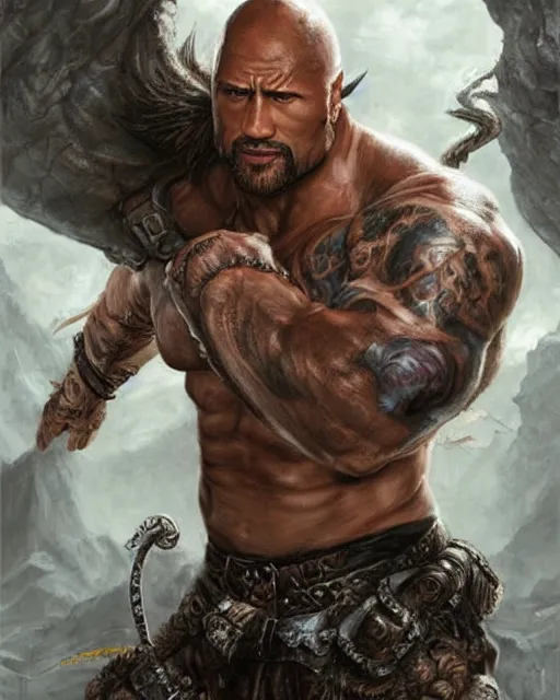 Image similar to dwayne johnson, dnd, high fantasy. royo, artgem, wlop