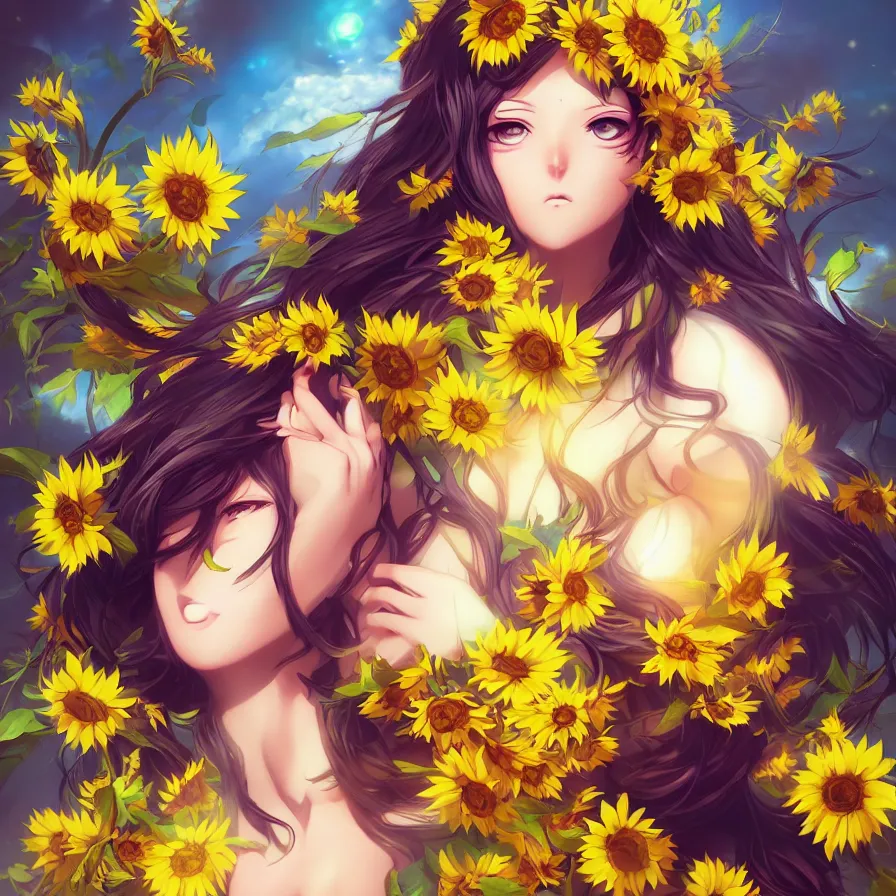 Image similar to The sunflower queen-goddess as an anime character digital illustration portrait design by Ross Tran, artgerm detailed, soft lighting