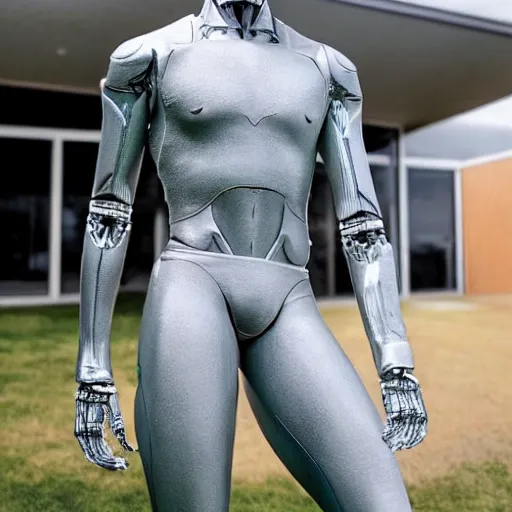 Image similar to a realistic detailed photo of a guy who is an attractive humanoid who is half robot and half humanoid, who is a male android, soccer player martin ødegaard, shiny skin, posing like a statue, blank stare, by the pool, on display, showing off his muscles, humanoid robot, frozen ice statue