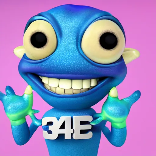 Prompt: cute 3 d pixar style alien with four eyes smiling, blue skin, lilac background, portrait, holding up a trophy, realistic, 4 k