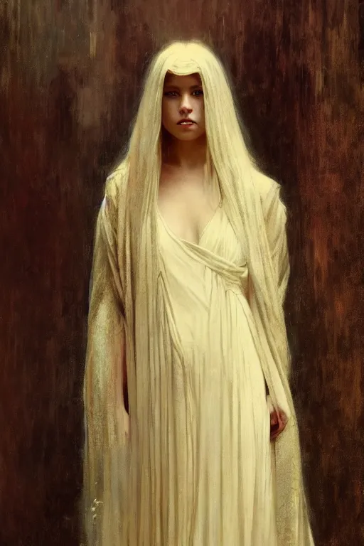 Prompt: a full body portrait of a good - lookiung girl wearing long loose gown, high detail, cleary see face, by gaston bussiere, bayard wu, greg rutkowski, odd nerdrum, maxim verehin, dan dos santos, masterpiece, sharp focus, cinematic lightning