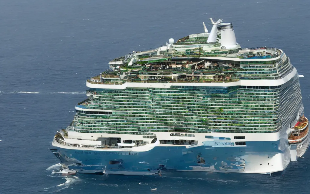 Prompt: cruise ship with a vertical farm, in the ocean, hightechnology