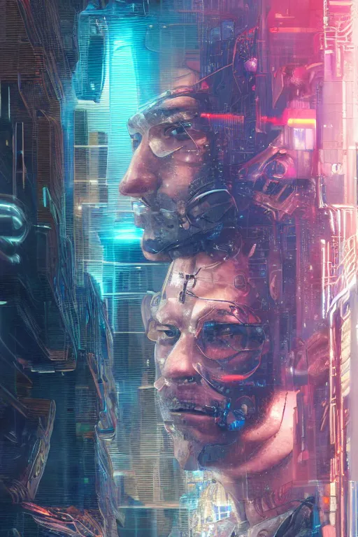 Image similar to A portrait of the Techgnosis author Erik Davis as a cyberpunk, iridescent highlights, background of digital greebles, highly detailed, intricate, soft, sci-fi, sharp focus, glowing lines, art by Ruan Jia and Moebius